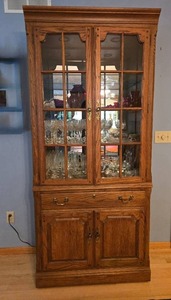 lot 208 image: Vintage Oak China Cabinet with Glass Doors and Display Shelves - contents not inc - sold separately