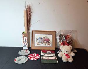 lot 210 image: Christmas Themed Home Decor Set with Plates and Framed Cross-Stitch