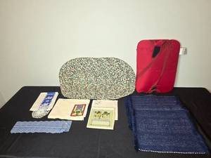 lot 216 image: Set of Assorted Textiles Including Placemats and Seat Cushion