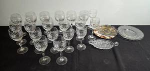 lot 218 image: Set of Crystal Wine Glasses with Assorted Plates and Dishes