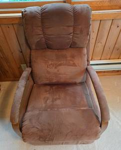 lot 239 image: Plush Brown Recliner with Wooden Accents