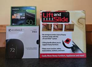 lot 244 image: Smart Thermostat, GPS with Lifetime Maps, and Furniture Mover Set