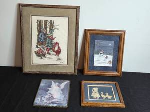 lot 252 image: Set of Framed Art Pieces Including Winter and Angel Themes