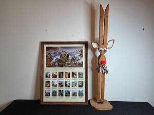 lot 267 image: Framed Fantasy Landscape Poster and Wooden Reindeer Decor