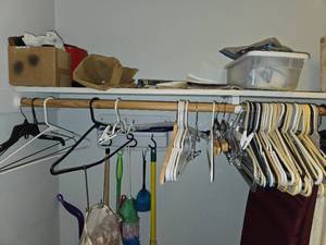 lot 283 image: Collection of Hangers, Cleaning Supplies, Masks, and Cabelas Goose Down Vest