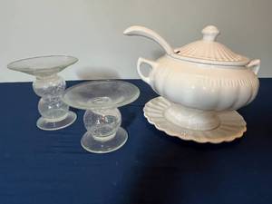 lot 309 image: Elegant White Ceramic Soup Tureen with Ladle and Set of 2 Glass Candle Holders