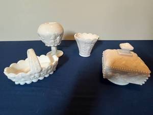 lot 310 image: Set of 4 Fenton Milk Glass Pieces with Grape Pattern