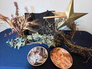 lot 311 image: Collection of Home Decor Items Including Metal Star, Numbered Decorative Plates, Faux Greenery, and Dried Arrangement