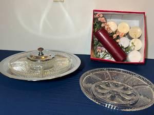 lot 312 image: Elegant Glass & Silver Tone Serving Platter Set and Assorted Candles