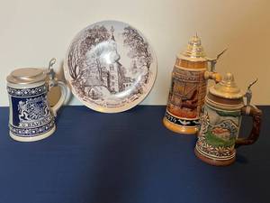 lot 319 image: Collection of 3 German Beer Steins and a Vintage Decorative Plate