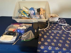 lot 327 image: Collection of Kitchen Utensils and Accessories Including Apron, Cookie Cutters & Oneida Community Flatware Pieces
