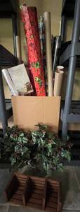 lot 329 image: Holiday Gift Wrap, Wooden Box, and Faux Holly Arrangement Set