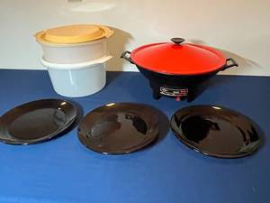 lot 341 image: Set of Kitchenware Items Including West Bend Electric Wok and Vintage Plates