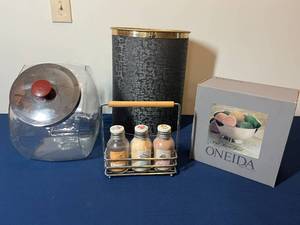 lot 346 image: Collection of Household Items Oneida Bowl, Glass Canister, Powder Set, and Waste Bin