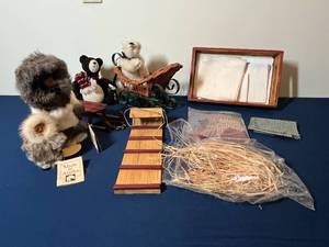 lot 347 image: Collection of Handmade Alaskan Dolls, Miniature Sleds, and Fabric Pieces
