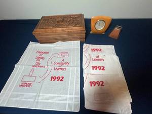 lot 367 image: Vintage Collection Cowbell, Alarm Clock, Twins Homer Hankies, Carved Wood Box