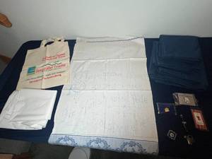 lot 370 image: Vintage Embossed Swiss or Dutch Towel, Collectible Pin Set, Magnets and Queen Size Bed Linens