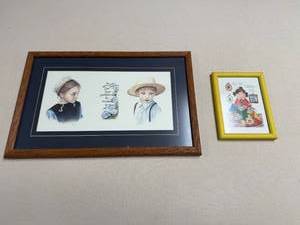 lot 375 image: Pair of Framed Art Prints Featuring Vintage and Folk Designs