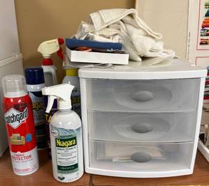 lot 390 image: Home Laundry Items (content quantities unknown) and Sewing Kit with Fabric Protectors and Organizing Unit
