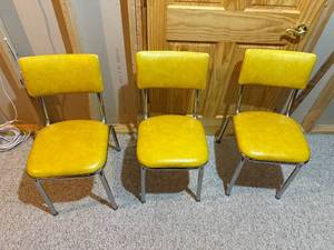 lot 401 image: Set of 3 Vintage Yellow Chrome Dining Chairs