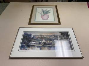 lot 404 image: Set of 2 Framed Watercolor Art Prints - Cityscape and Floral Design