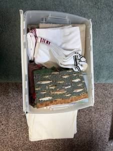 lot 410 image: Collection of Towels and Linens in Storage Bin