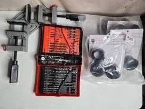 lot 423 image: Assorted Drill Bit Set (incomplete) and Clamps with Vacuum Attachment