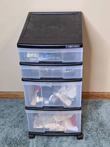 lot 492 image: 4-Drawer Storage Organizer Filled with Arts & Crafts Supplies - content quantities unknown