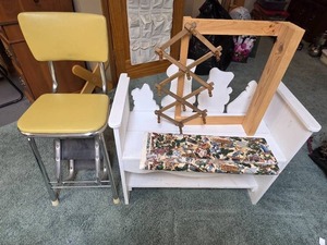 lot 495 image: Set of Retro Yellow Chrome Chair and Decorative White Wooden Bench and More