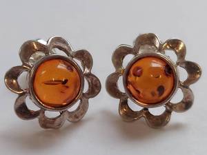 lot 2X image: Sterling Silver Earrings with Amber Stone Inlay