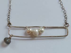 lot 45X image: Sterling Silver Pearl Beads Necklace with Gemstone Drop Accent
