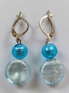 lot 74X image: Sterling Silver Vintage Blue Glass Drop Earrings