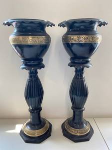 lot 10E image: Pair of Vintage Black Metal Pedestal Planters with Gold Detailing