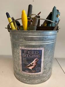 lot 17E image: Crawford & Burke Galvanized Feed Bucket with Tools
