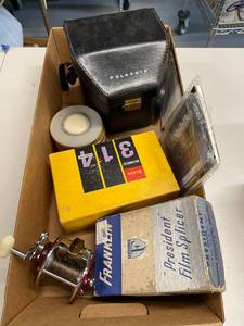 lot 67E image: Vintage Polaroid Camera, Franklin Film Splicer, Fishing Reel