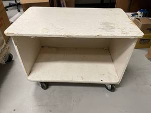 lot 79E image: Large Wooden Rolling Storage Shelf on Wheels