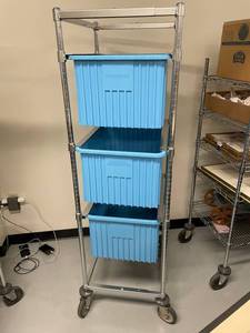 lot 81E image: Metal Storage Cart with 3 Blue Plastic Bins