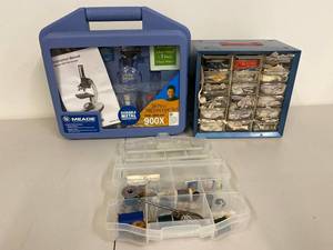 lot 40Z image: Complete Meade 900X Microscope Set with Vintage Sewing Kit and Organizer