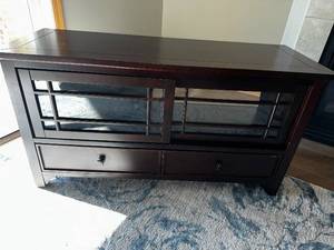 lot 7L image: Wooden TV Stand with Glass Doors and Storage Drawers