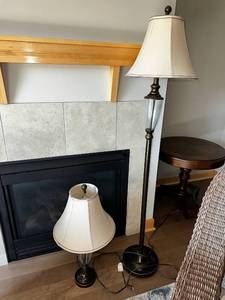 lot 8L image: Set of Two Bronze Floor and Table Lamps with Glass Accents