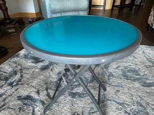 lot 12L image: Modern Folding Round Patio Table with Blue Glass Top
