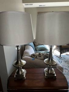lot 13L image: Pair of Elegant Silver Table Lamps with White Shades