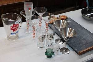 lot 23 image: Bar Items Schmidt Beer Pitcher Chalkboard, Glasses Etc