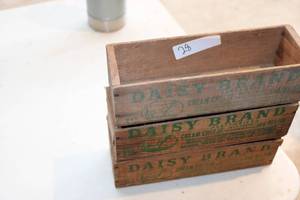 lot 28 image: 3 Daisy Brand Wooden Cream Cheese Boxes