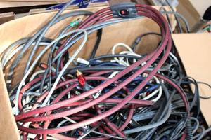 lot 57 image: Large Lot of Electronics VCR Keyboard Monster Cable Speaker Subwoofer & More
