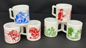 lot 34 image: Set of 6 Vintage Milk Glass Mugs with Davy Crockett and Wyatt Earp Designs