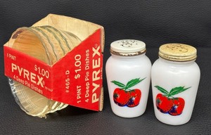 lot 35 image: Vintage Anchor Hocking Milk Glass Salt and Pepper Shakers with Pyrex Pie Dishes