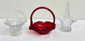 lot 113 image: Set of 3 Glass Baskets including Vintage Fenton Ruby Red Rose Glass Basket