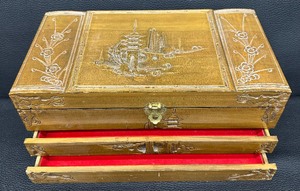 lot 142 image: Vintage Wood Carved Jewelry Box with Mirror and Two Drawers