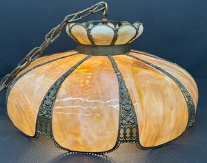 lot 32 image: Beautiful Large Antique Hanging Stained Glass Light with Electrical Plug In